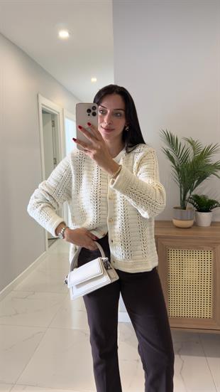 Thense Ekru Gold Düğme Detaylı Hırka