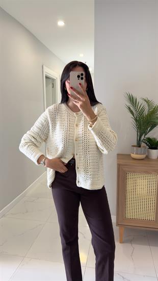 Thense Ekru Gold Düğme Detaylı Hırka