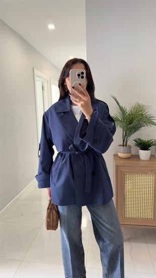 Thomas Lacivert Kuşak Detaylı Kısa Trençkot