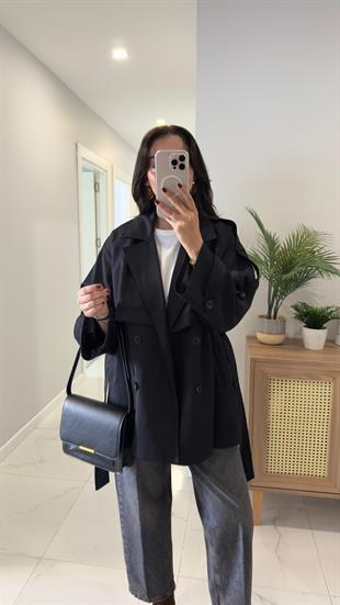 Thomas Siyah Kuşak Detaylı Kısa Trençkot