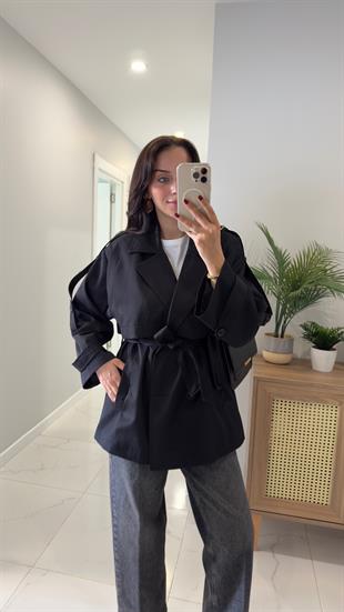 Thomas Siyah Kuşak Detaylı Kısa Trençkot