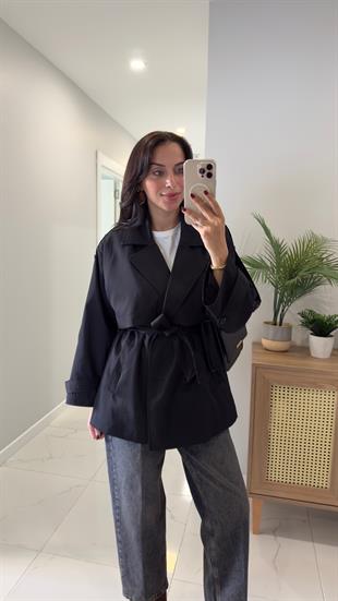 Thomas Siyah Kuşak Detaylı Kısa Trençkot