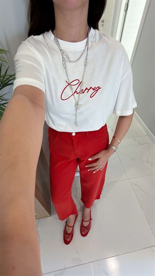 Tidsa Beyaz Cherry Kırmızı Baskılı Tişört