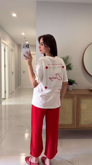 Tidsa Beyaz Cherry Kırmızı Baskılı Tişört