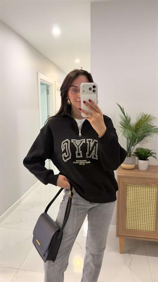 Tiessa Siyah NYC Baskılı Sweat