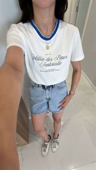 Tilda Ekru Mavi Yaka Detaylı Baskılı Tişört