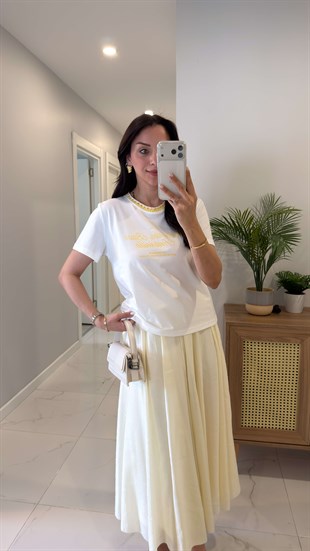 Tilda Ekru Sarı Yaka Detaylı Baskılı Tişört