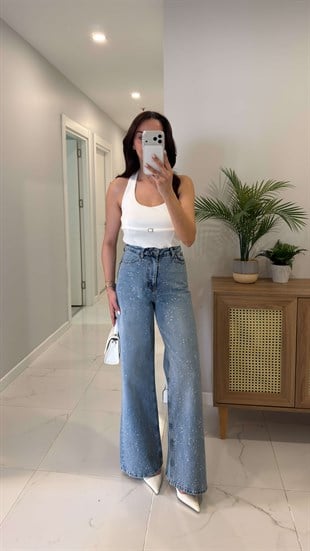 Tildsa Orta Mavi Kar Yıkama Taşlı Wıde Leg Jean