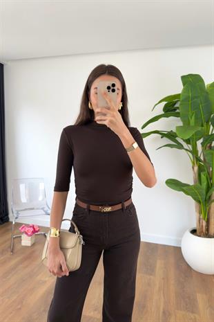 Timmy Acı Kahve Drape Detaylı Dik Yaka Bluz