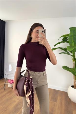 Timmy Bordo Drape Detaylı Dik Yaka Bluz