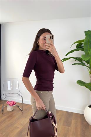 Timmy Bordo Drape Detaylı Dik Yaka Bluz