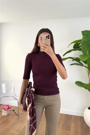 Timmy Bordo Drape Detaylı Dik Yaka Bluz