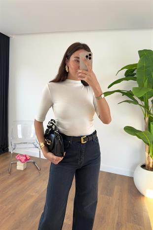 Timmy Ekru Drape Detaylı Dik Yaka Bluz