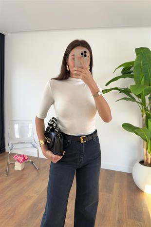 Timmy Ekru Drape Detaylı Dik Yaka Bluz
