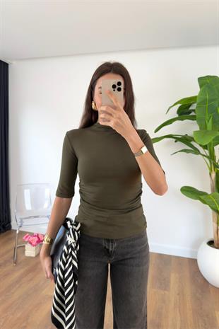Timmy Haki Drape Detaylı Dik Yaka Bluz
