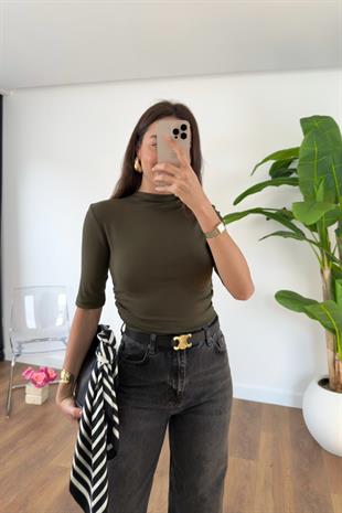 Timmy Haki Drape Detaylı Dik Yaka Bluz