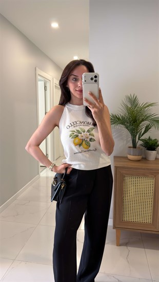 Tioldre Ekru Limon Baskılı Kolsuz Triko