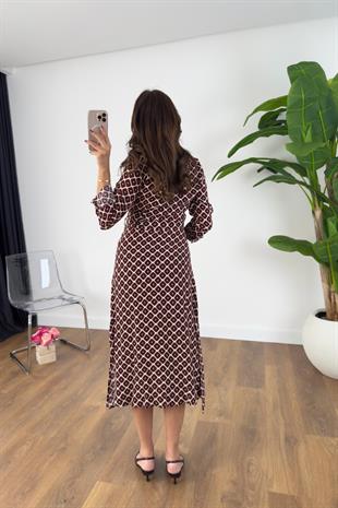 ZR Tisera Bordo Ekru Desenli Kuşak Detaylı Elbise
