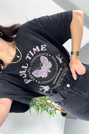 Antrasit Full Time Baskılı Tişört