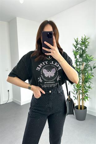Antrasit Full Time Baskılı Tişört