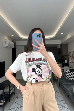 Ekru Mickey Baskılı Tişört