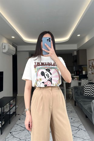 Ekru Mickey Baskılı Tişört