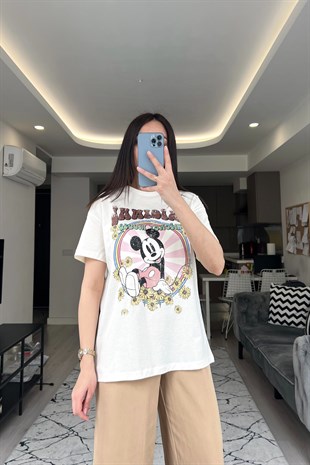 Ekru Mickey Baskılı Tişört