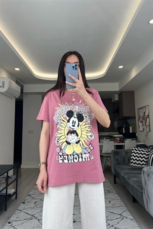 Gül Kurusu Mickey Baskılı Tişört