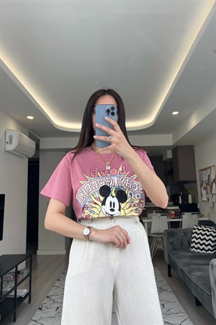 Gül Kurusu Mickey Baskılı Tişört