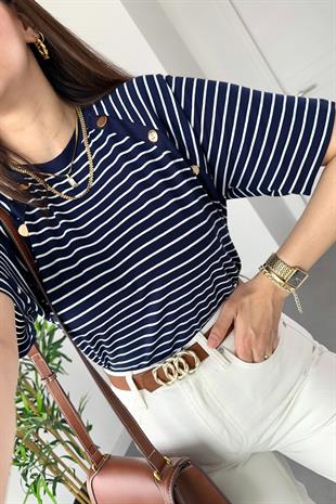 Lacivert Beyaz Çizgili Gold Düğme Detaylı Tişört