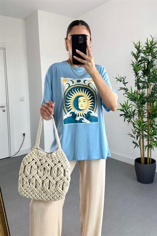 Mng Bebe Mavi Kare Baskı Detaylı Tişört