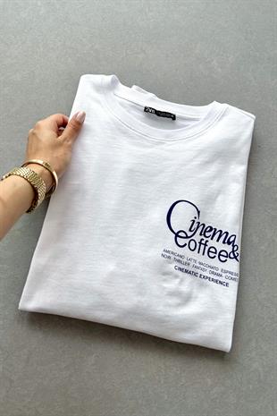 Zr Beyaz Cinema Coffee Baskılı Tişört