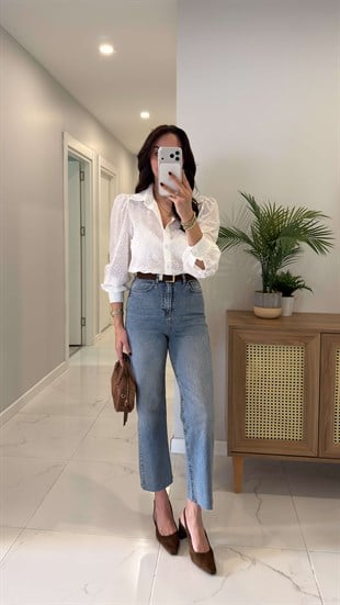 Tisra Açık Mavi Kesik Paça Boy Fit Jean