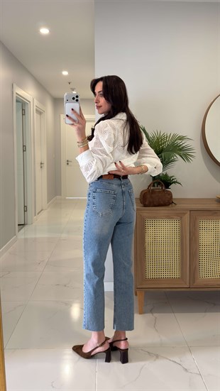 Tisra Açık Mavi Kesik Paça Boy Fit Jean