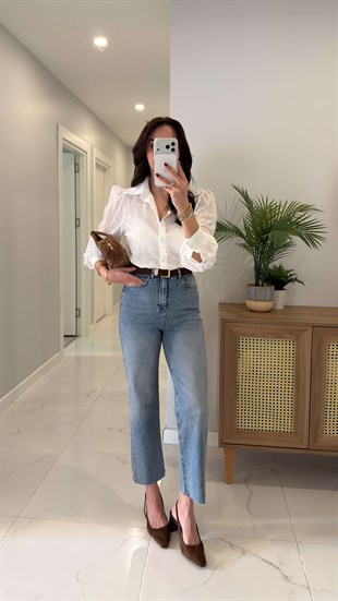 Tisra Açık Mavi Kesik Paça Boy Fit Jean