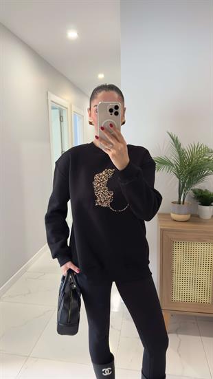 Todrea Siyah Leopar Figürlü Sweat