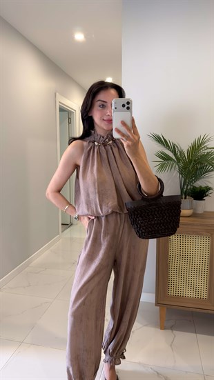 Tolen Kahve Boncuklu Balon Bluz Pantolon Takım