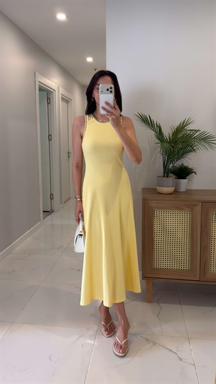 Tolen Sarı Taş Detaylı Örme Elbise