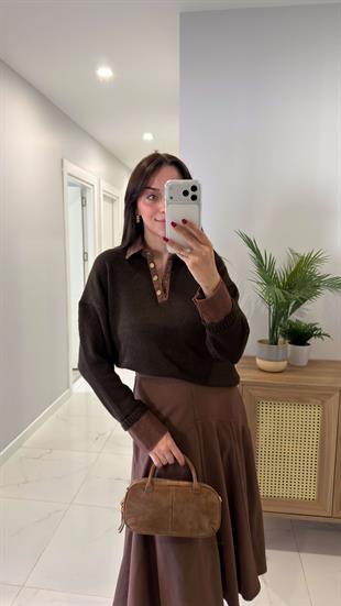 Tolunay Koyu Kahve Yakası Kot Detaylı Triko