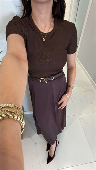 Tonwe Kahve Fitilli Simli Bluz