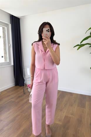 Tony Pembe Çıtçıt Detaylı Yelek Pantolon Takım