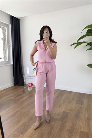 Tony Pembe Çıtçıt Detaylı Yelek Pantolon Takım