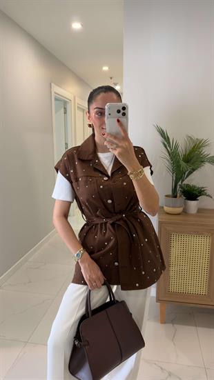 Torble Kahve Zımbalı Kuşaklı Denim Yelek