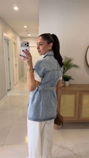 Torble Kar Yıkama Zımbalı Kuşaklı Denim Yelek