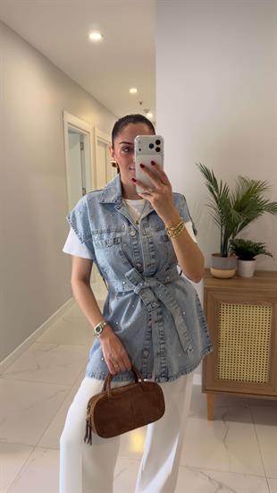 Torble Kar Yıkama Zımbalı Kuşaklı Denim Yelek