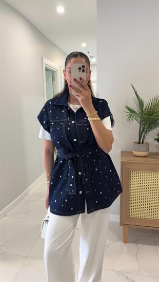 Torble Lacivert Zımbalı Kuşaklı Denim Yelek