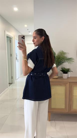 Torble Lacivert Zımbalı Kuşaklı Denim Yelek