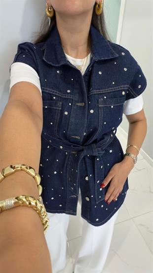 Torble Lacivert Zımbalı Kuşaklı Denim Yelek