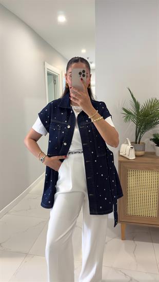 Torble Lacivert Zımbalı Kuşaklı Denim Yelek