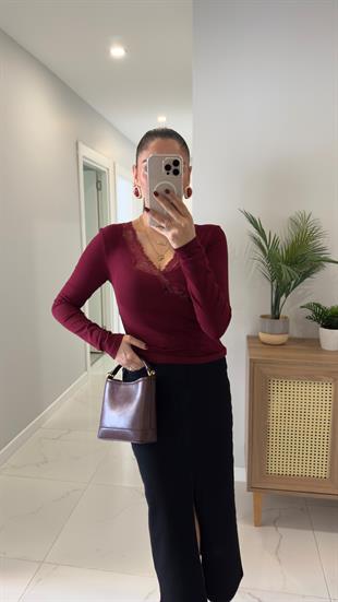 Torera Bordo Dantel Geçişli Bluz